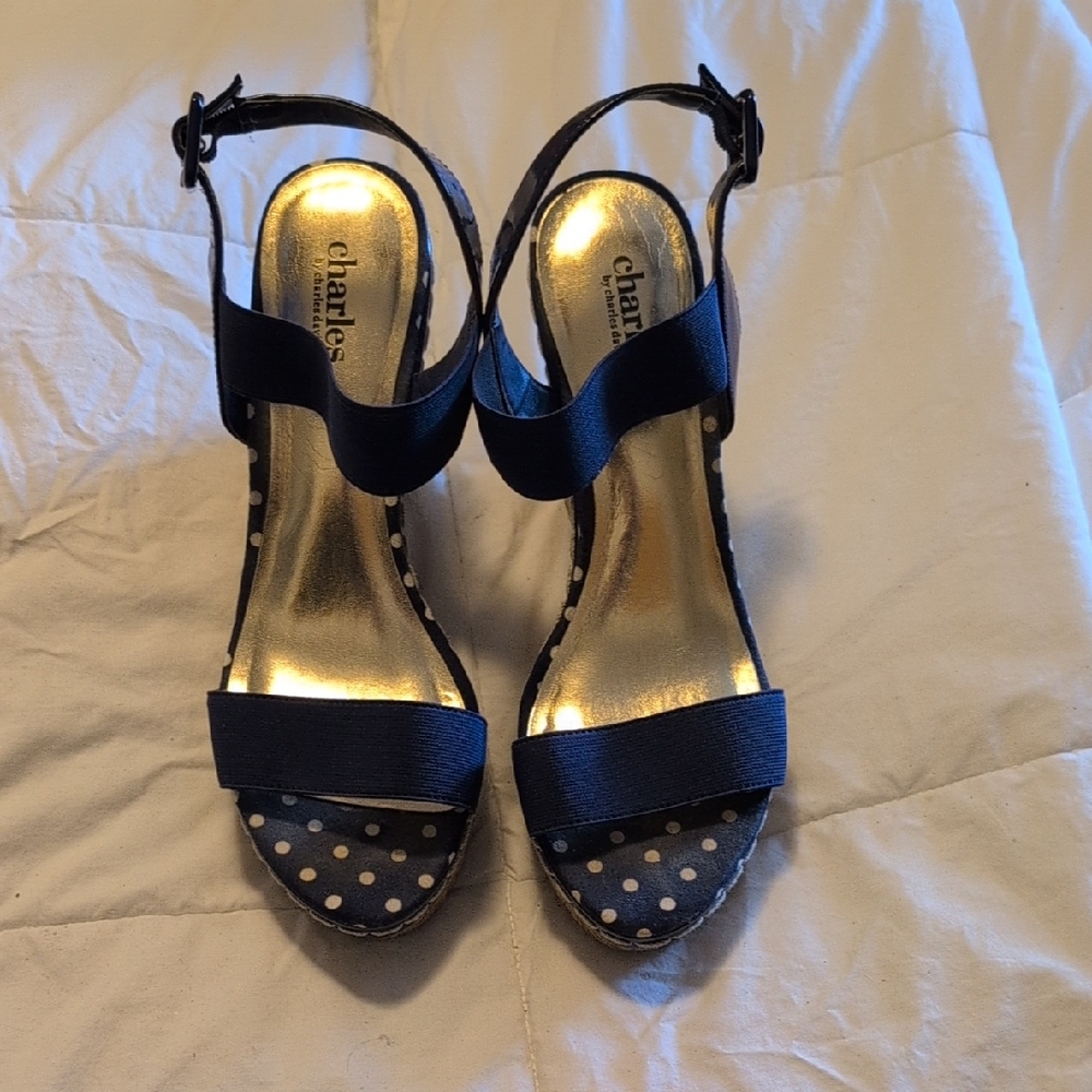 Charles By Charles David Navy and White Polka Dot Sandals